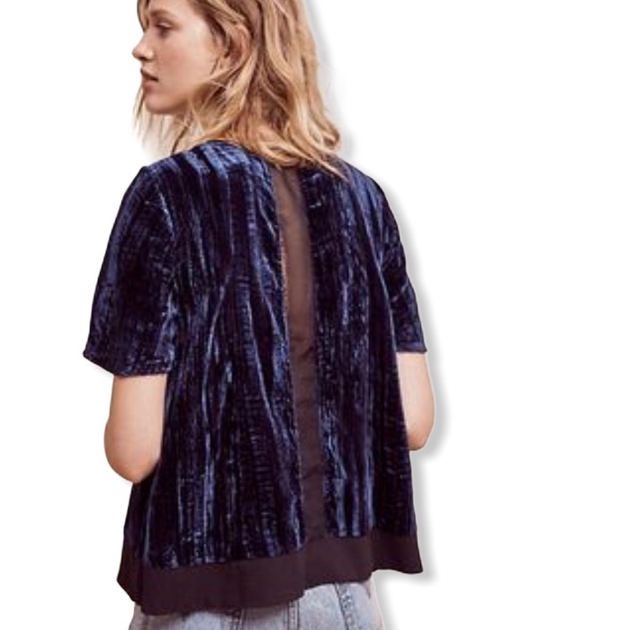 Nwot Anthropologie Anthro Maeve Blue Black Velvet & Sheer Short Sleeve Blouse S